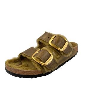 Birkenstock Arizona Big Buckle Shearling Oiled Leather Olive Sandals US 7 38 EU